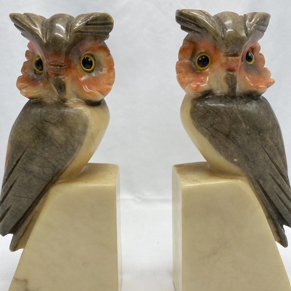 Vtg Art Deco Alabaster Owl Bookends MCM Hand Carved Stone Glass eyes Italy Label